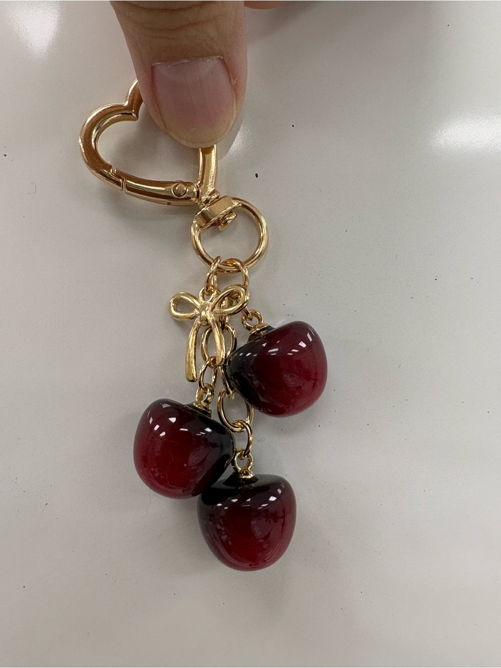 ✨ Cute Gold Cherry Bag Charm Keychain with Heart Clasp & Bow Accent ✨